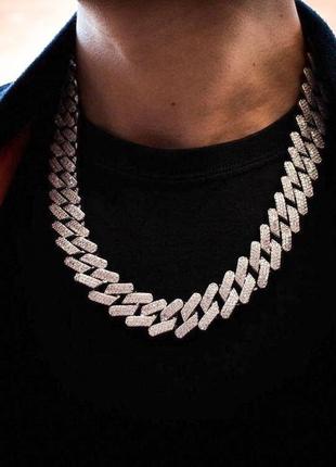 Мужская стальная цепочка, серебряная цепь на шею 12 мм с инкрустацией
