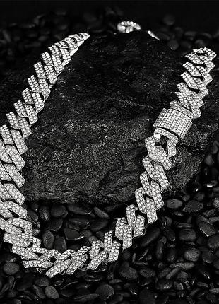 Мужская стальная цепочка, серебряная цепь на шею 12 мм с инкрустацией