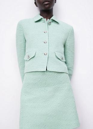 Zara бирюзовая твидовая юбка цвет tiffany