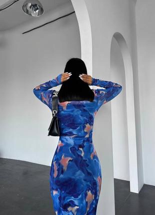 Синее электричество женское трендовое длинное платье с разводами женское облегающее длинное платье с длинным рукавом платье двойная6 фото