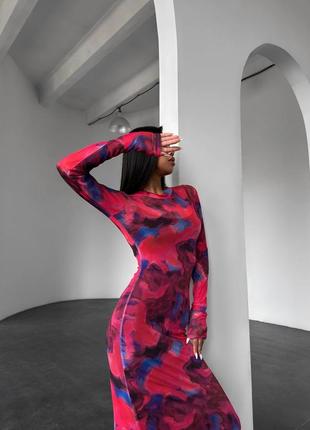Фуксия розовое женское трендовое длинное платье с разводами женское облегающее длинное платье с длинным рукавом платье двойник2 фото