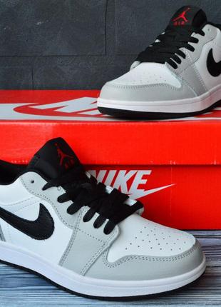 Nike air jordan 1 retro кроссовки женские кожаные кожа весенние осенние демисезонные отменное качество низкие белые с серым и черным найк джордан