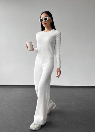Вязаный женский костюм кофта и брюки молочного цвета размер xs-xl