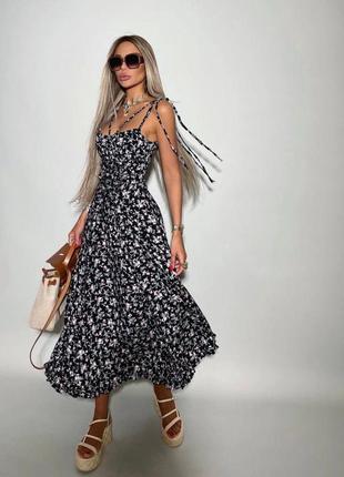 Чорна жіноча сукня міді в квітковий принт з розрізом жіноча довга сукня в квіти з розрізом3 фото