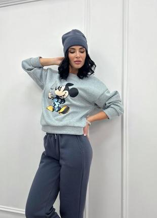 Жіночий теплий спортивний костюм на флісі з шапкою утеплений зима зимовий прогулянковий міккі маус