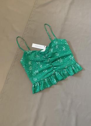 Топ зелений квітковий на бретелях драпіровка рюші h&m