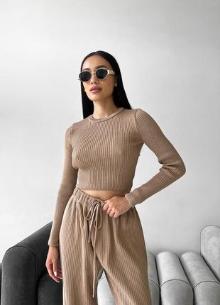 В’язаний костюм у рубчик з штанами палаццо та топом5 фото