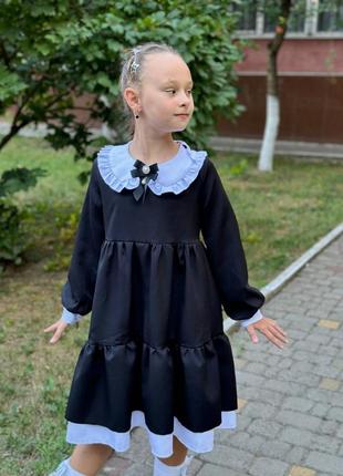 Сукня (плаття) шкільна (для школи) з білим комірцем дитяча для дівчинки 128-152 темно-синя, чорна5 фото