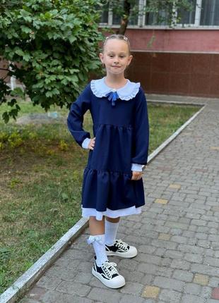 Сукня (плаття) шкільна (для школи) з білим комірцем дитяча для дівчинки 128-152 темно-синя, чорна3 фото