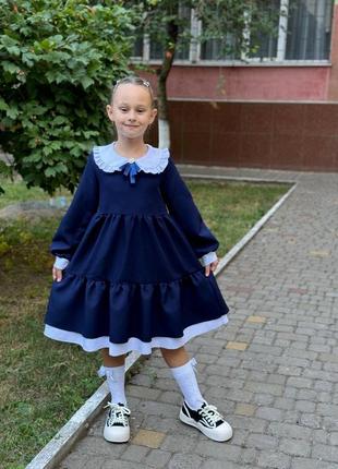 Сукня (плаття) шкільна (для школи) з білим комірцем дитяча для дівчинки 128-152 темно-синя, чорна2 фото