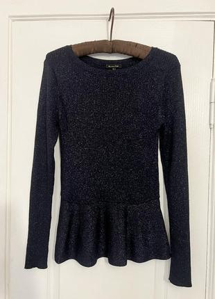 Massimo dutti женская металлизированная трикотажная блузка с длинными рукавами и баской, темно-синяя