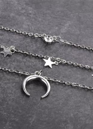 Ожерелье кольє чокер ланцюжка багатошарова срібляста з підвіскою півмісяць зірка5 фото