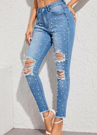 Shein. англия. джинсы скини с элементами порезов и перламутровыми жемчужинами.6 фото