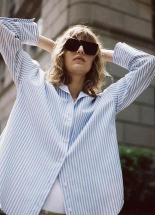 Рубашка из смесовой женской хлопковой ткани с v-образным вырезом zara massimo dutti классическая голубая белая