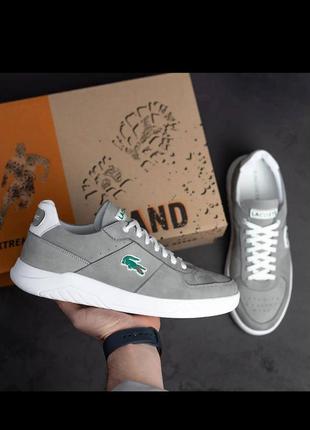 Шкіряні чоловічі кеди, кросівки натуральна шкіра сірого кольору lacoste