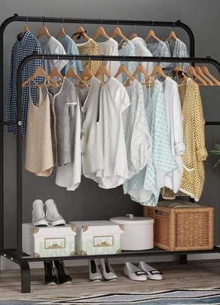 Подвійна стійка вішалка для одягу та взуття loft rack сталева підлогова з полицею black top shop ua_