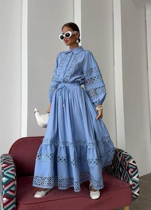 Костюм в стиле zimmermann рубашка юбка длинная органза голубой белый коричневый коттон
