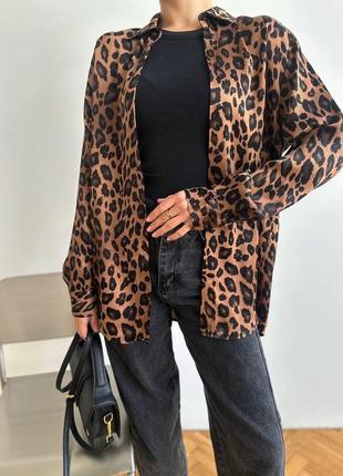 Сорочка лео блуза довга натуральна віскоза сорочка принт леопард леопардовий подовжена пряма вільна оверсайз блуза широка пряма довга л2 фото