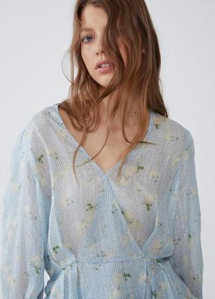 Легка блуза zara xxl шифон голуба святкова повсякденна ділова на запах у квіти