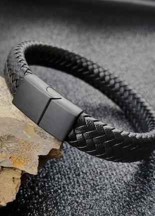 Мужской кожаный браслет, браслет из кожи классический черный с магнитным замком