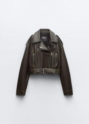 Коричнева укорочена байкерська куртка зара zara