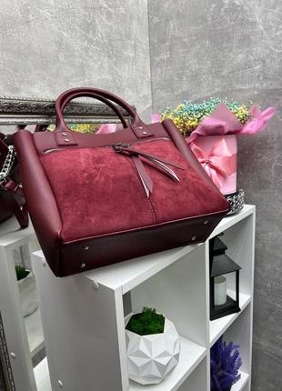 Жіноча стильна та якісна сумка з натуральної замші та еко шкіри бордо4 фото