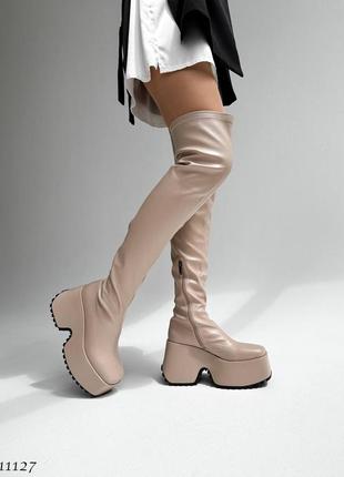Sale! жіночі бежеві ботфорти на платформі демісезонні демі чоботи панчохи на флісі еко-шкіра