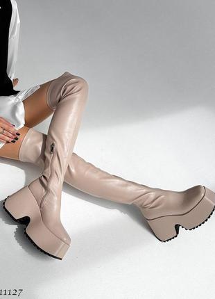 Sale! жіночі бежеві ботфорти на платформі демісезонні демі чоботи панчохи на флісі еко-шкіра