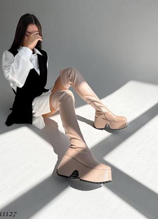 Sale! жіночі бежеві ботфорти на платформі демісезонні демі чоботи панчохи на флісі еко-шкіра