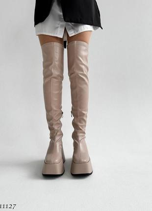 Sale! жіночі бежеві ботфорти на платформі демісезонні демі чоботи панчохи на флісі еко-шкіра