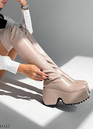Sale! жіночі бежеві ботфорти на платформі демісезонні демі чоботи панчохи на флісі еко-шкіра