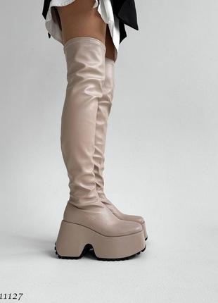 Sale! жіночі бежеві ботфорти на платформі демісезонні демі чоботи панчохи на флісі еко-шкіра