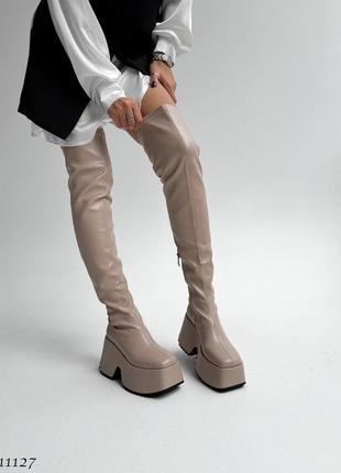 Sale! жіночі бежеві ботфорти на платформі демісезонні демі чоботи панчохи на флісі еко-шкіра