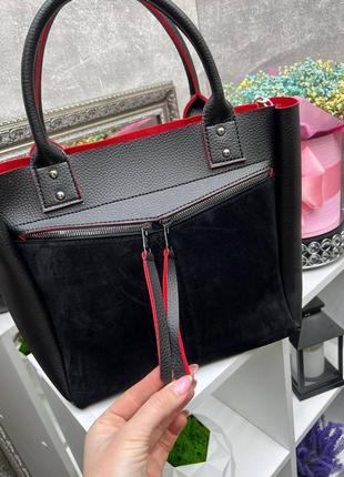 Жіноча стильна та якісна сумка з еко шкіри чорна з червоним3 фото