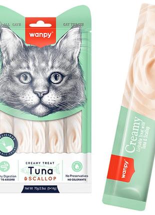 Wanpy creamy lickable treats tuna & scallop ванпі тунець з морським гребінцем рідкі ласощі для котів