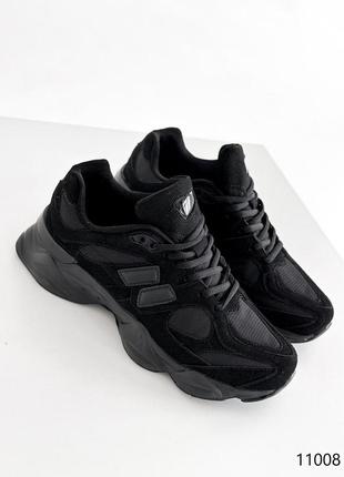 Черные натуральные замшевые текстильные мужские кроссовки на толстой грубой рельефной подошве замша