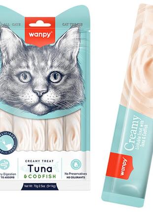 Wanpy creamy lickable treats tuna & codfish ванпі тунець з тріскою рідкі ласощі для котів