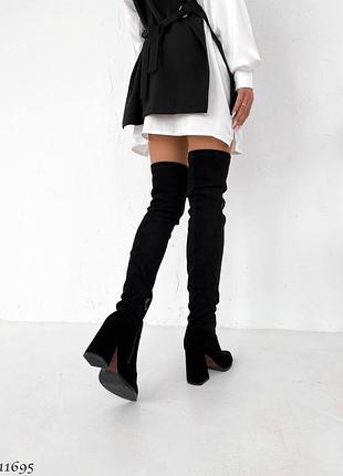 Замшеві стрейчеві високі чоботи ботфорти на підборах з натуральної замші