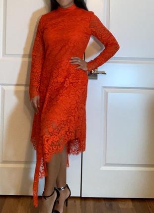 Шикарное вечернее кружевное платье миди h&amp;m с асимметричным низом на запах.