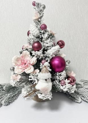 Ялинка новорічна засніжена з лілово-рожевим декором та гірляндою роса 2м (h-40см) польща1 фото