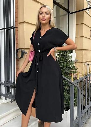 Стильное легкое черное платье миди оверсайз  на пуговицах с поясом