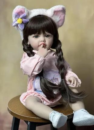 Большая виниловая кукла ручной работы в ушках reborn baby doll с настоящими волосами, заплетенным в косички