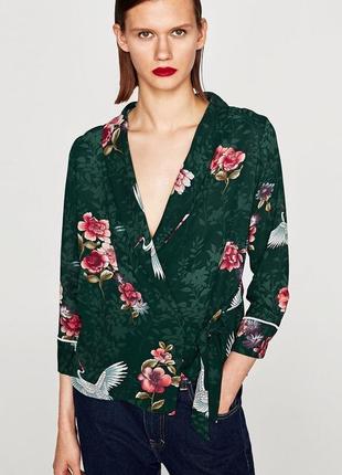 Блуза блузка на запах zara зелена зеленая в цветочный принт в квітковий принт вінтаж вінтажна винтаж винтажная