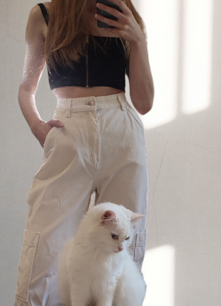 Молочные карго wide leg из плотного коттона на высокой посадке h&m