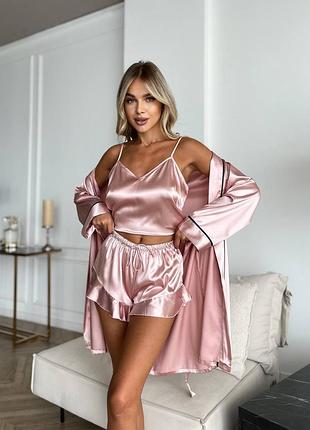 Розовый шелковый комплект халат и пижама, халатик с пижамой топ и шортики