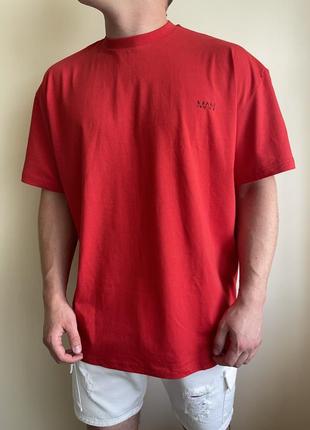 Красный однотонный оверсайз футболка boohoo, лого, логотип, oversized, плотная, плотная