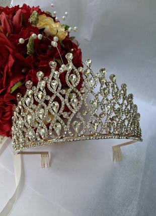 Діадема висока з кристалами сваровскі, корона золото