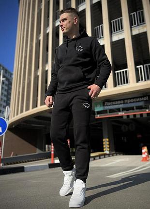 Зимовий спортивний костюм з начосом чорний худі + чорні штани карта україни