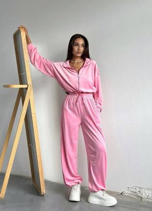 Костюм спортивный женский велюровый кофта на молнии брюки свободного кроя на высокой посадке с карманами на резинке качественный барби черный