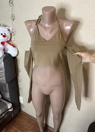 Топ с рукавами на завязках цвет хаки